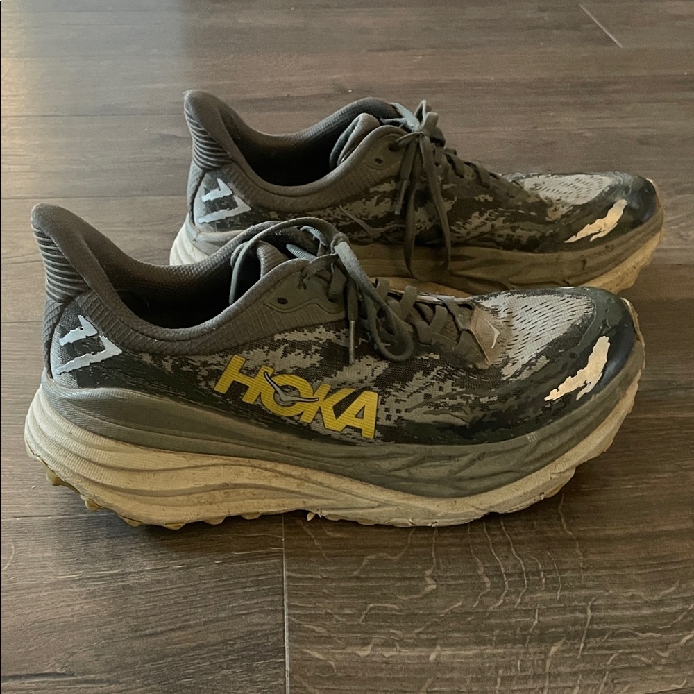 Men’s Hoka Stinson 7 Gray Athletic Running Shoes, Size 9.5, Bottom Worn